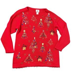 Vintage Christmas Sweater Womens Large Red Beaded Sequin Knit Pullover Holiday